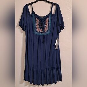 Navy Blue Tunic Style Summer Dress Colorful Embroidery Off Shoulder